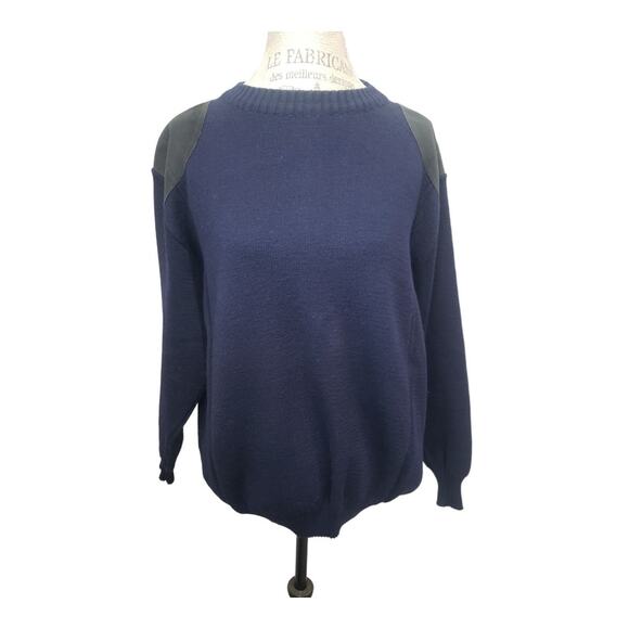 Vintage Barbour Pure Wool & Suede Leather Navy Blue Jumper Sweater | Size 56-46 - Picture 1 of 8